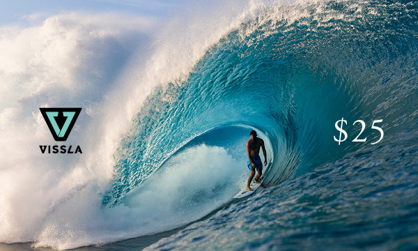 Vissla $25 gift card with logo on top of an image of a surfer in a barrel