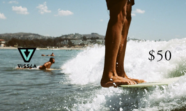 Vissla $50 gift card with logo on top of a vintage image of a longboarder hanging 10