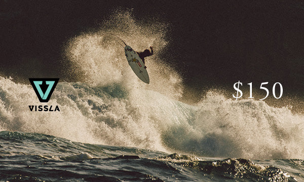 Vissla $150 gift card with logo on top of an image of a surfer doing an air during sunset