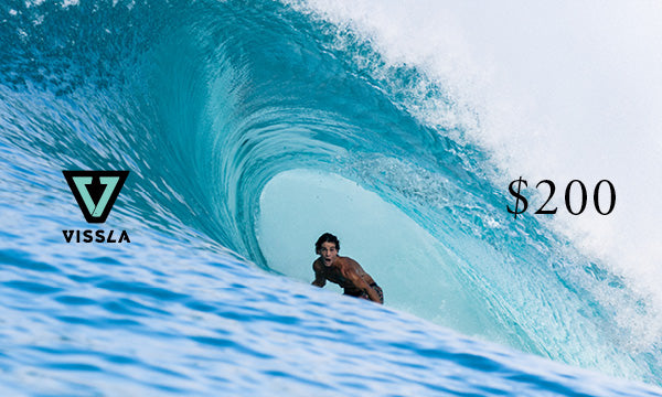 Vissla $200 gift card with logo on top of an image of a surfer in a barrel