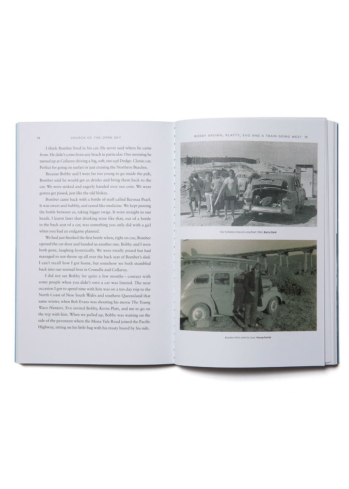 An open book with white pages including black lettering and two images of vintage surfers