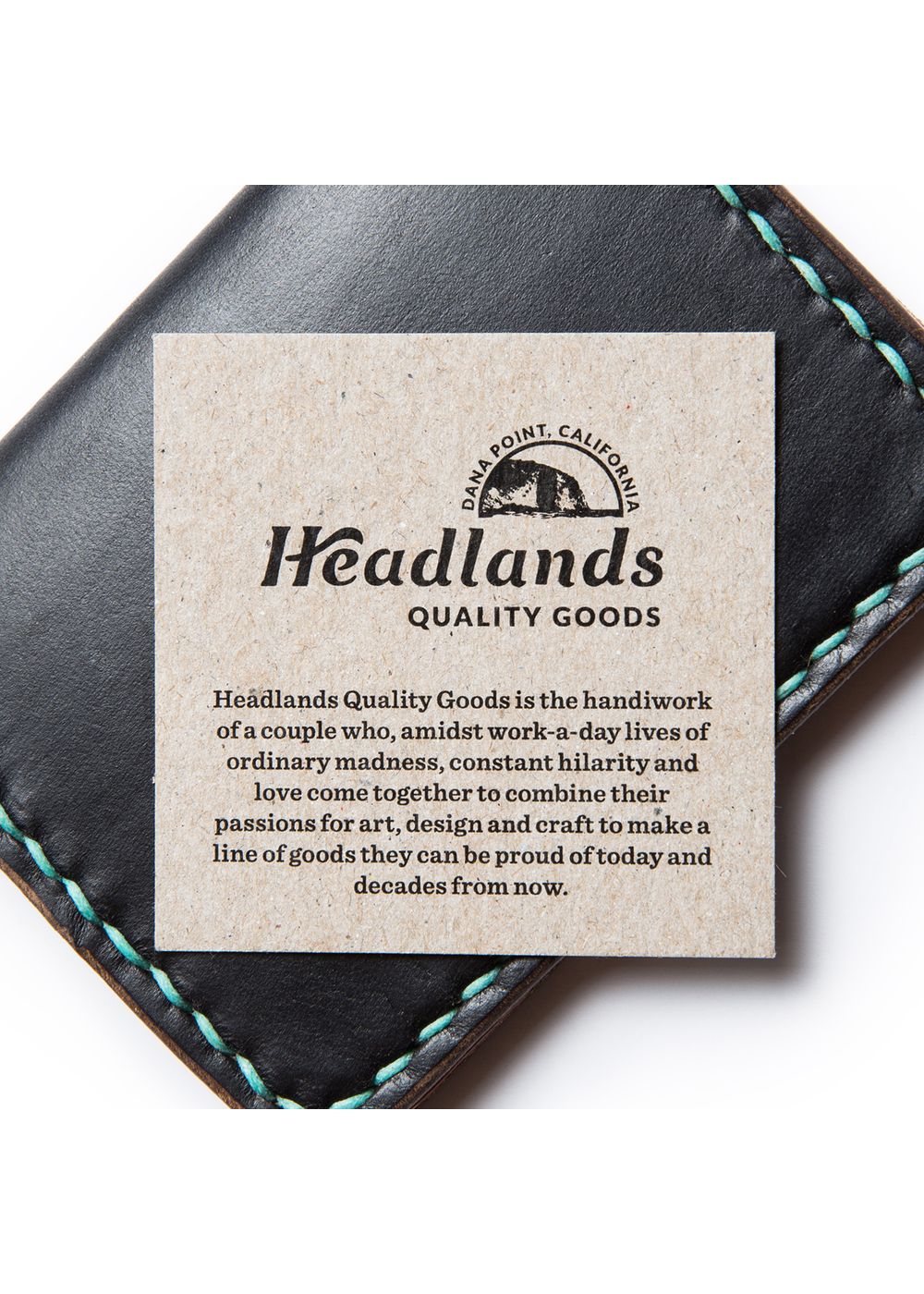 Black Leather Headlands Cash Fold Wallet with White Stiching. Headlands Quality Goods Card