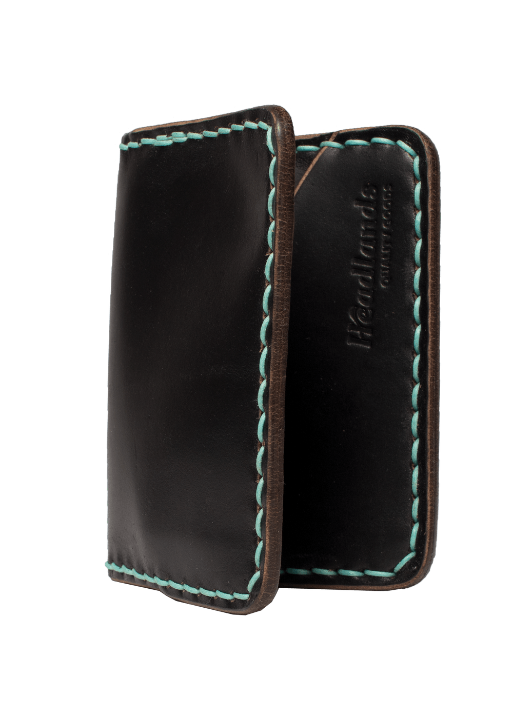 Open Black Leather Headlands Cash Fold Wallet with White Stiching Side Angle