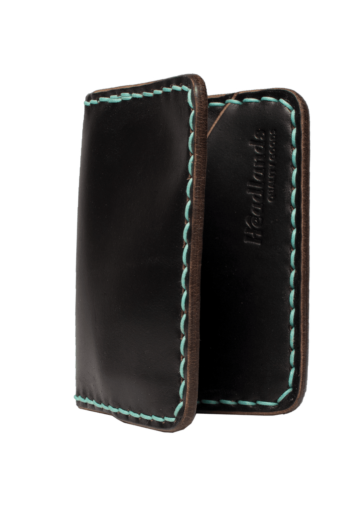 Open Black Leather Headlands Cash Fold Wallet with White Stiching Side Angle